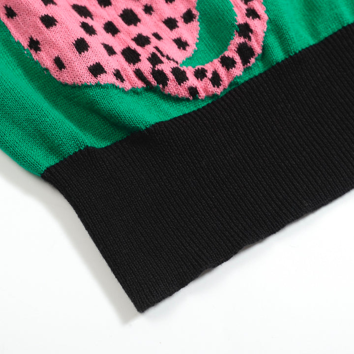 Grünes Damen-Strickset mit Leopardenmuster und rosa Leopardengrafik