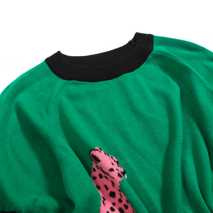 Grünes Damen-Strickset mit Leopardenmuster und rosa Leopardengrafik