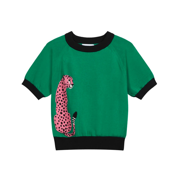 Grünes Damen-Strickset mit Leopardenmuster und rosa Leopardengrafik