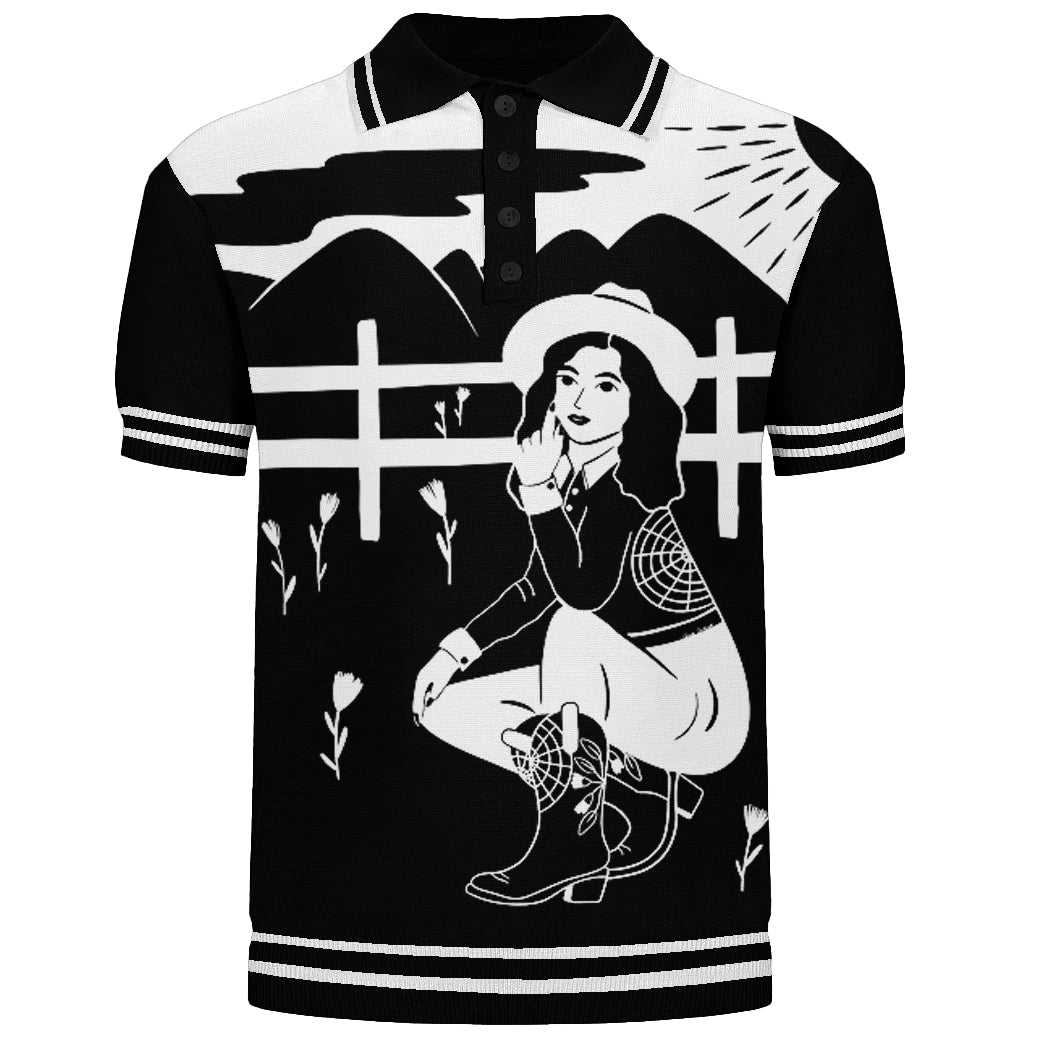 Black Jacquard 60s brei-Polo-shirt voor heren, ontworpen door Carrie Cantwell