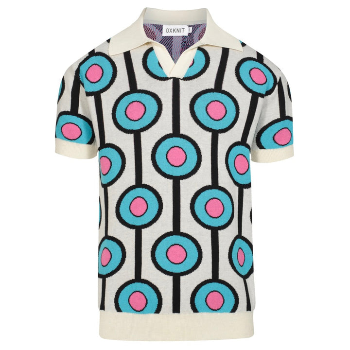 Men's sky blue vintage jacquard knit V-neck polo shirt