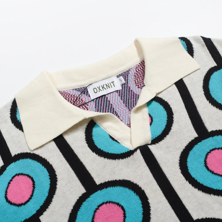 Men's sky blue vintage jacquard knit V-neck polo shirt