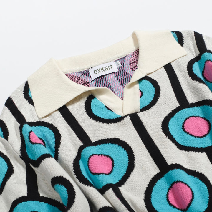 Men's sky blue vintage jacquard knit V-neck polo shirt