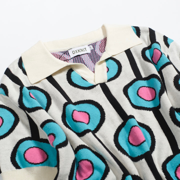 Men's sky blue vintage jacquard knit V-neck polo shirt