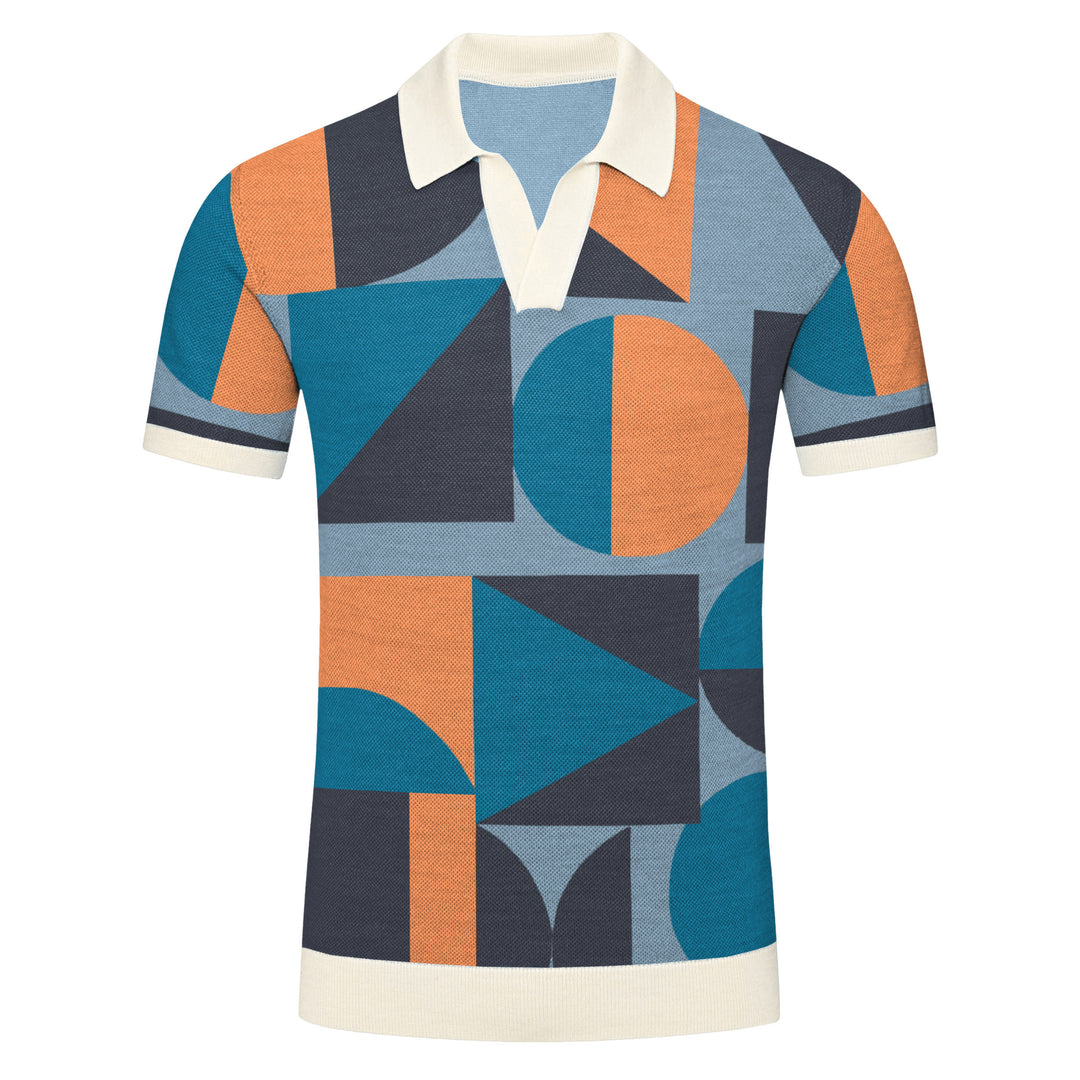 Men's blue art jacquard knit V-neck polo shirt