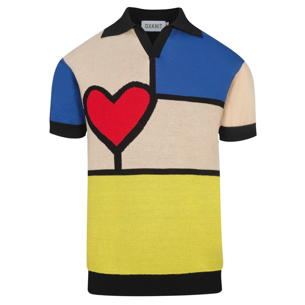 Meerkleurig kunstjacquardgebreid herenpoloshirt met V-hals