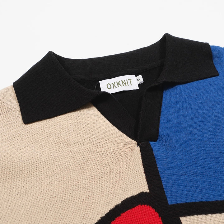 Meerkleurig kunstjacquardgebreid herenpoloshirt met V-hals