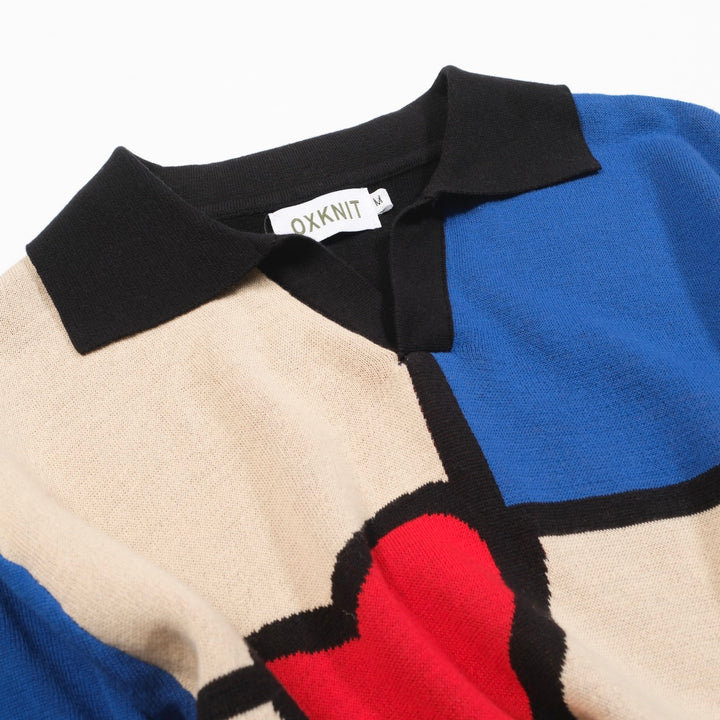 Meerkleurig kunstjacquardgebreid herenpoloshirt met V-hals