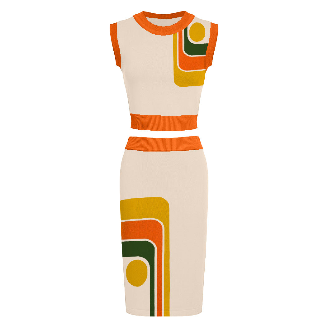 Women’s Retro Colorblock Knit Set with Geometric Design in Orange and Green