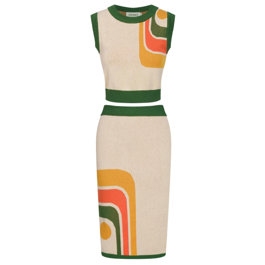 Women’s Retro-Inspired Knit Set with Bold Geometric Graphic