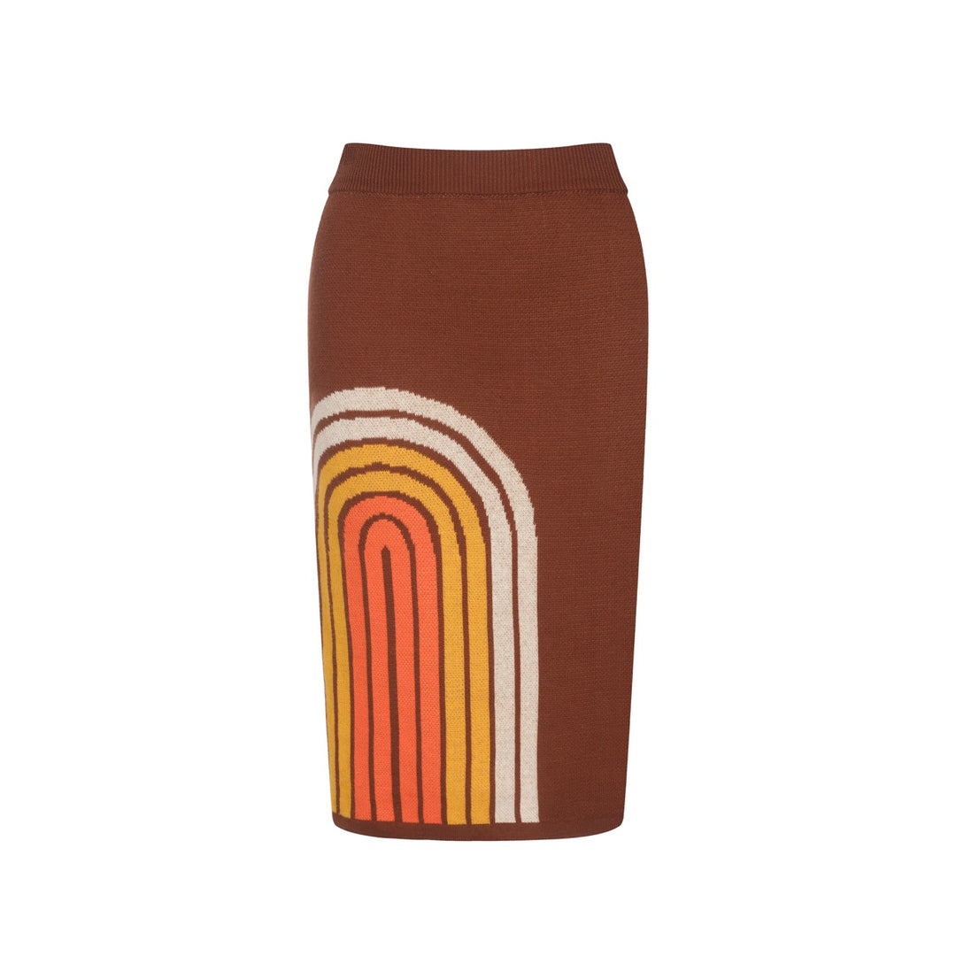 Women’s Brown Retro Stripe Knit Set with Bold Orange and Yellow Design