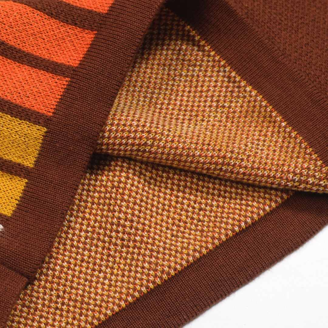 Women’s Brown Retro Stripe Knit Set with Bold Orange and Yellow Design