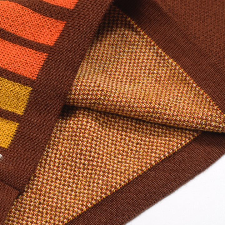 Women’s Brown Retro Stripe Knit Set with Bold Orange and Yellow Design