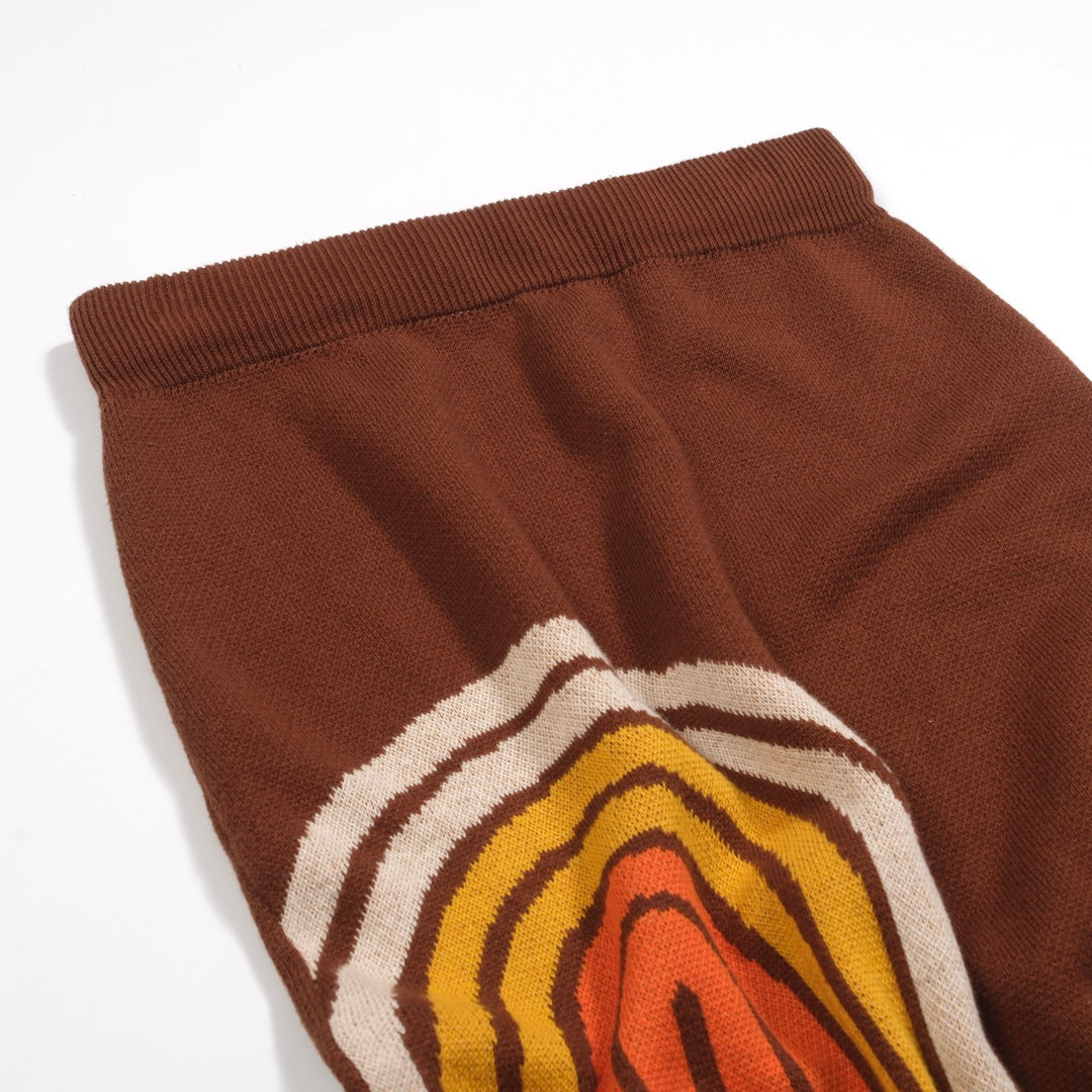 Women’s Brown Retro Stripe Knit Set with Bold Orange and Yellow Design