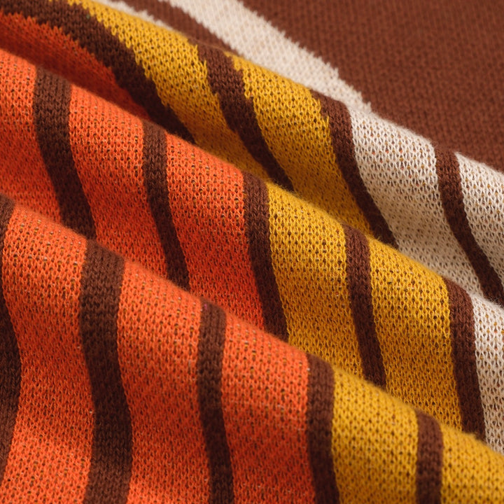 Women’s Brown Retro Stripe Knit Set with Bold Orange and Yellow Design