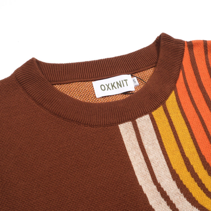 Women’s Brown Retro Stripe Knit Set with Bold Orange and Yellow Design