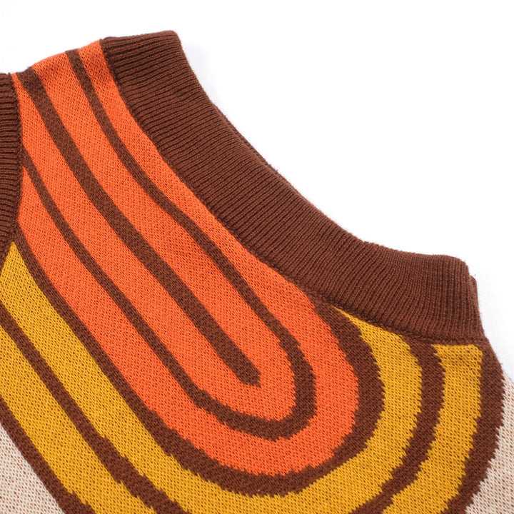 Women’s Brown Retro Stripe Knit Set with Bold Orange and Yellow Design