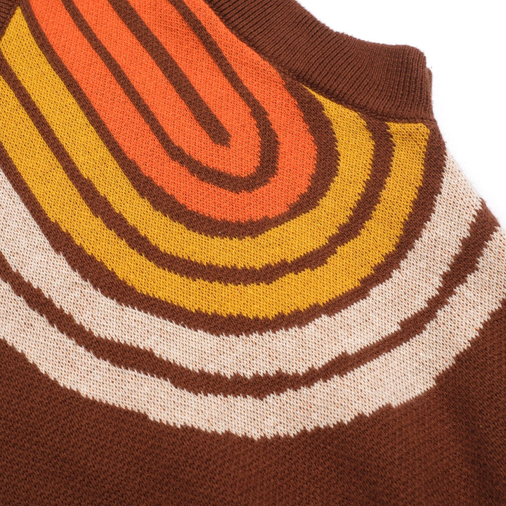 Women’s Brown Retro Stripe Knit Set with Bold Orange and Yellow Design