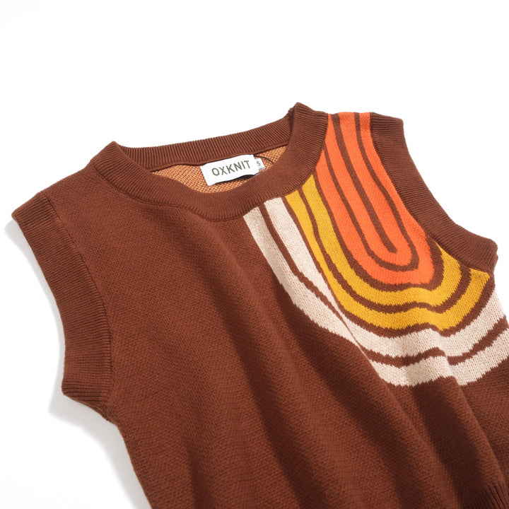 Women’s Brown Retro Stripe Knit Set with Bold Orange and Yellow Design