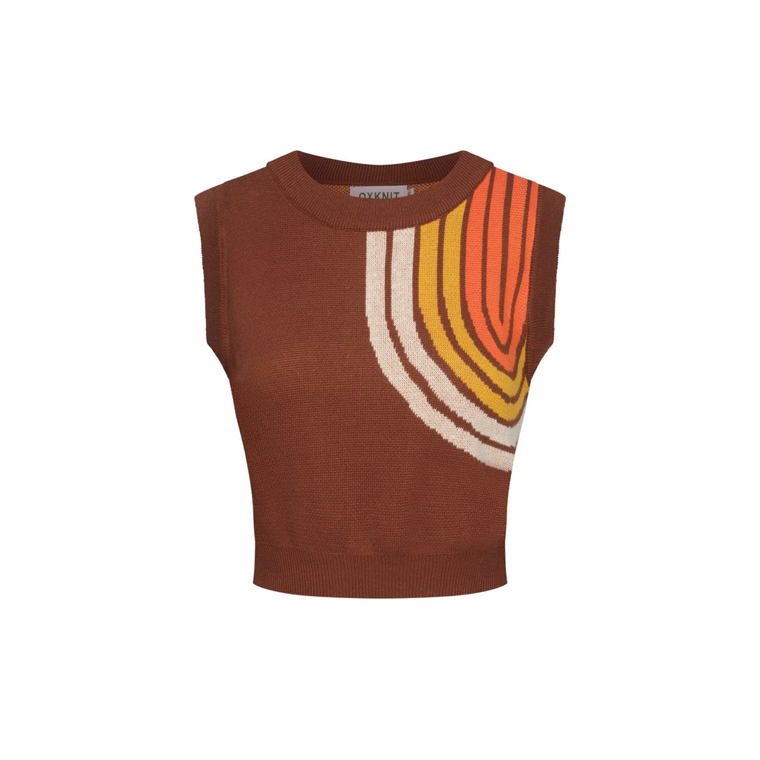 Women’s Brown Retro Stripe Knit Set with Bold Orange and Yellow Design