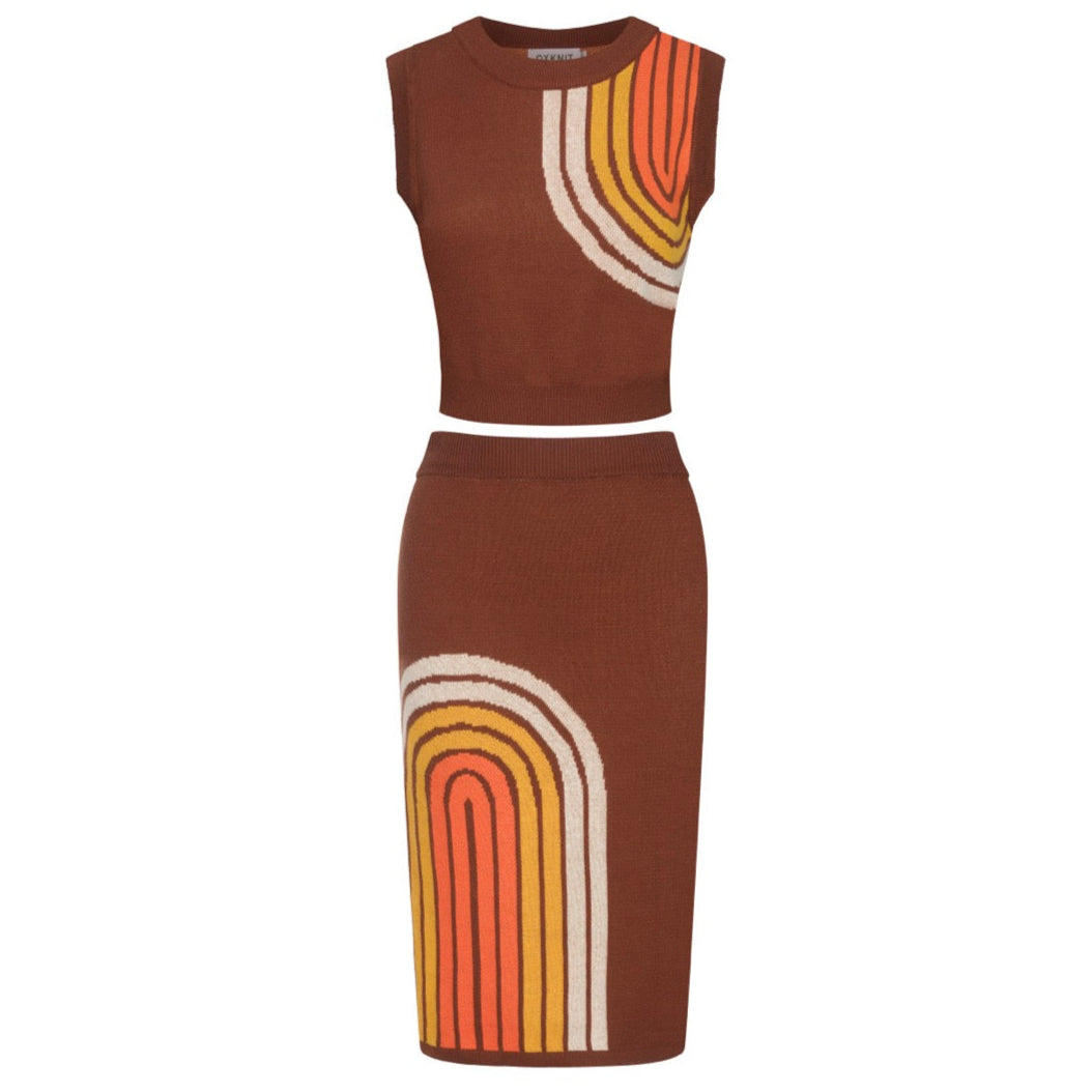 Women’s Brown Retro Stripe Knit Set with Bold Orange and Yellow Design