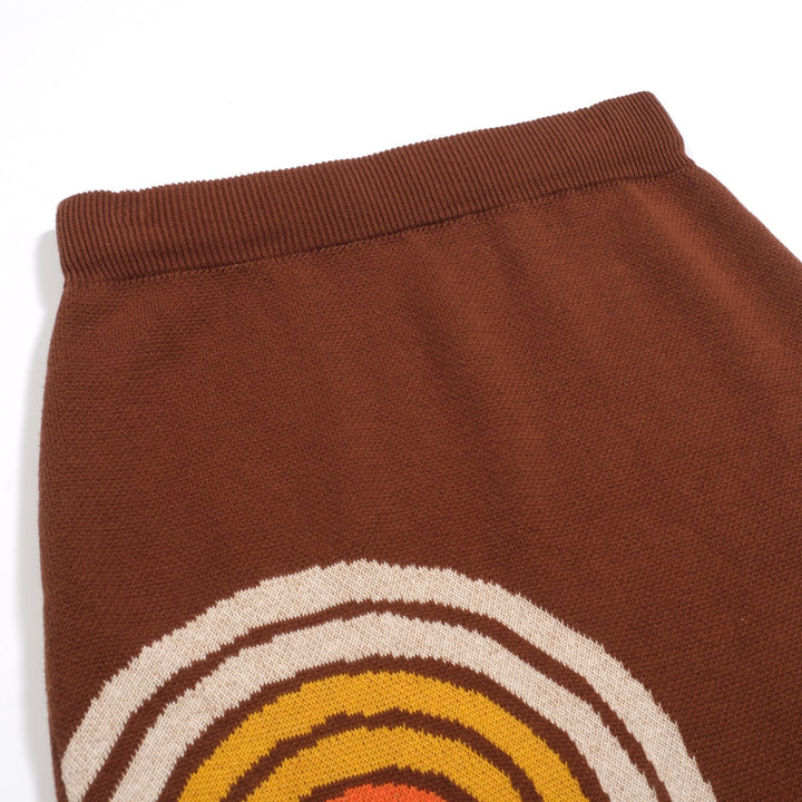 Women’s Brown Retro Stripe Knit Set with Bold Orange and Yellow Design