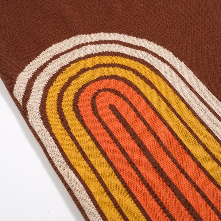 Women’s Brown Retro Stripe Knit Set with Bold Orange and Yellow Design