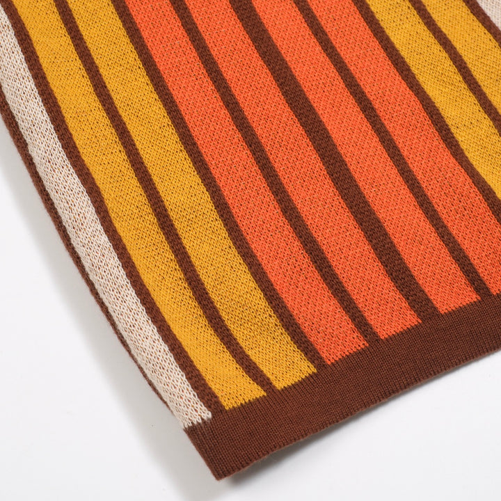 Women’s Brown Retro Stripe Knit Set with Bold Orange and Yellow Design