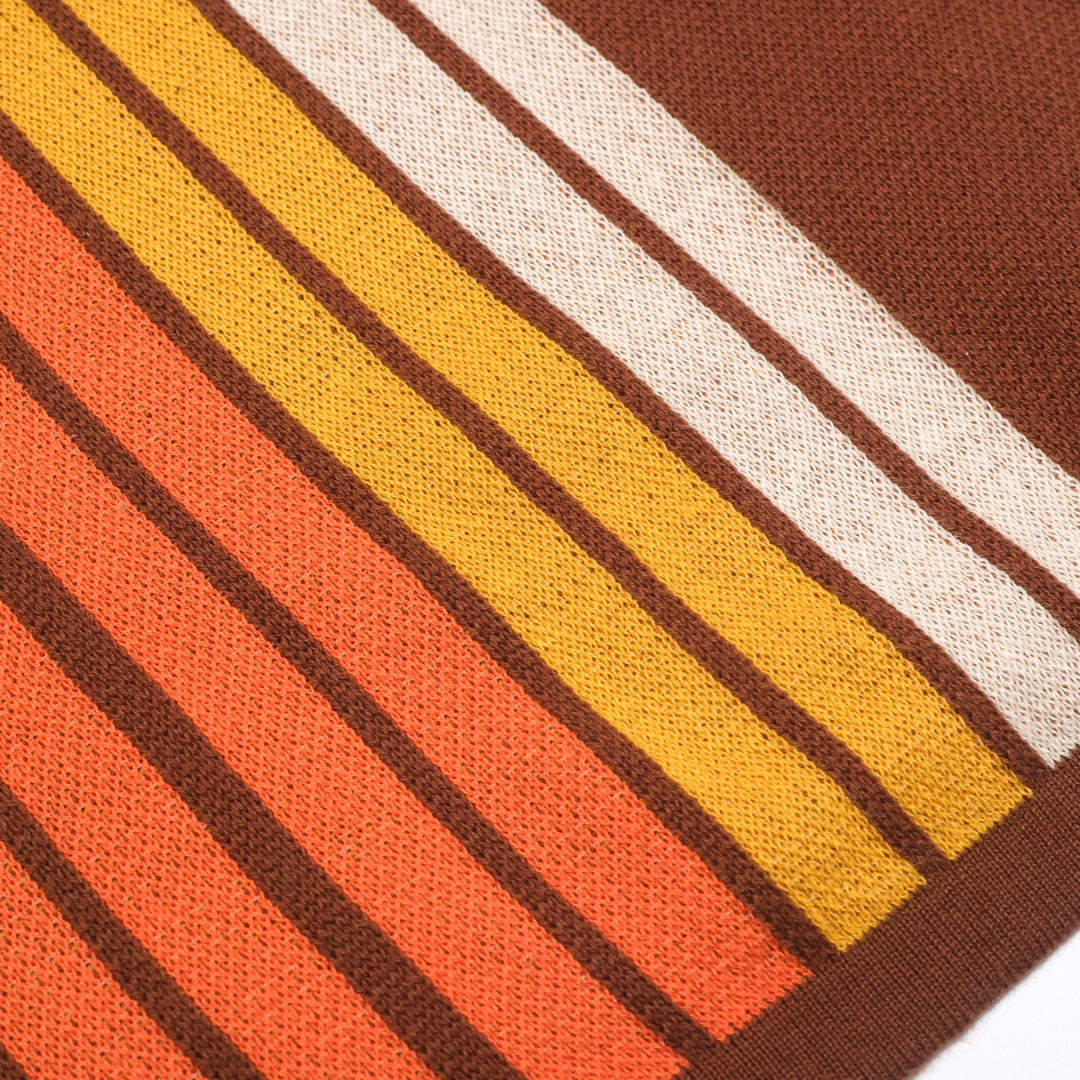 Women’s Brown Retro Stripe Knit Set with Bold Orange and Yellow Design