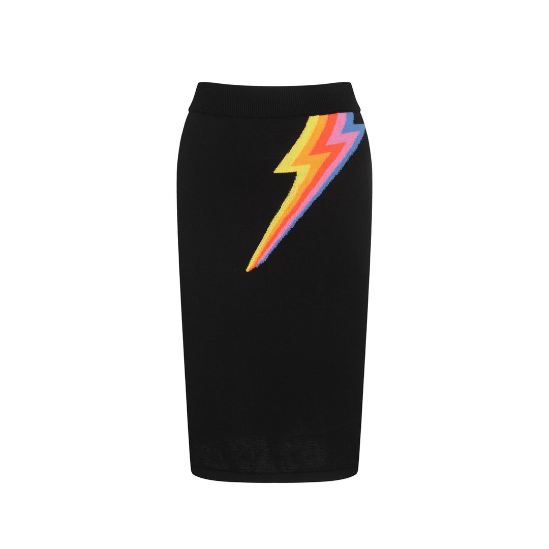 Women’s Black Knit Set with Colorful Lightning Graphic – Crop Top & Pencil Skirt