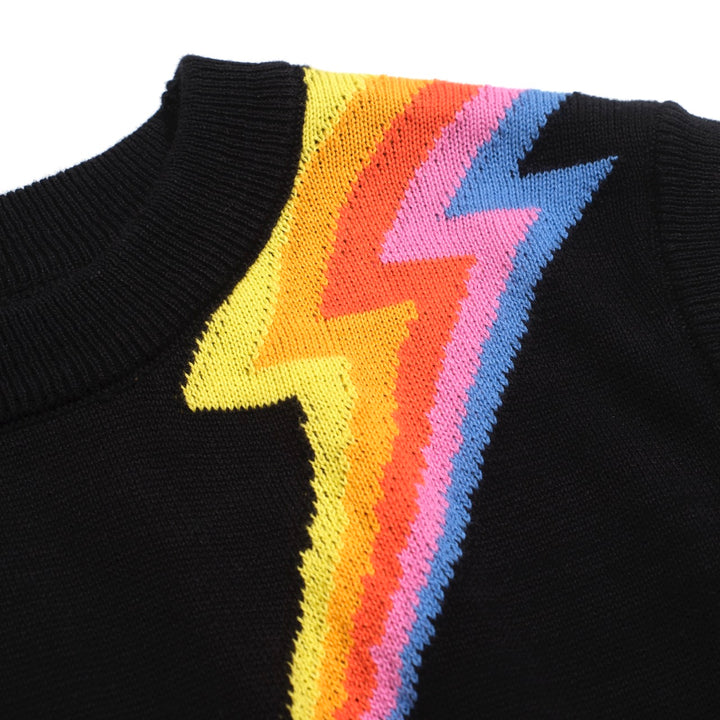 Women’s Black Knit Set with Colorful Lightning Graphic – Crop Top & Pencil Skirt