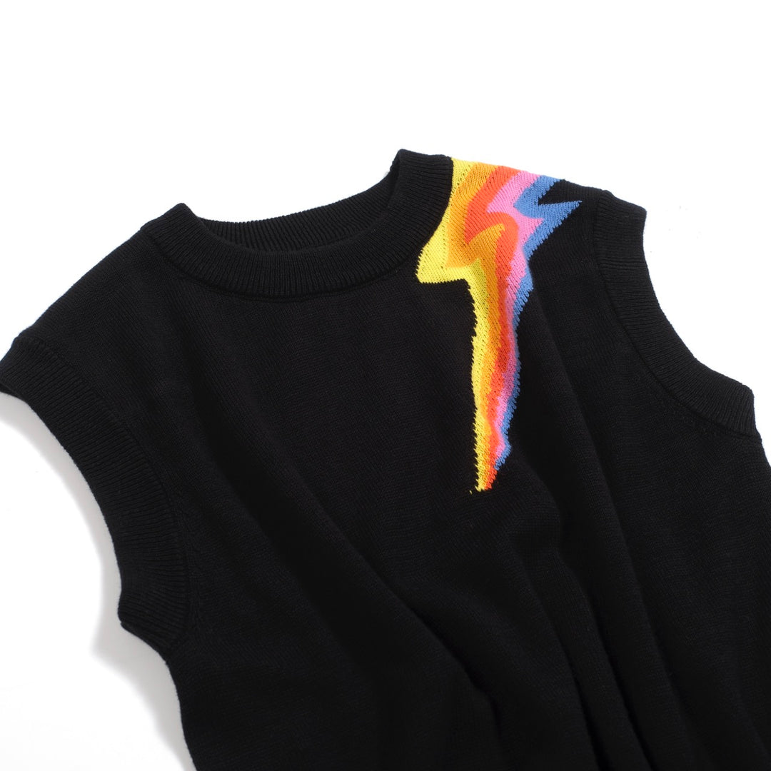 Women’s Black Knit Set with Colorful Lightning Graphic – Crop Top & Pencil Skirt