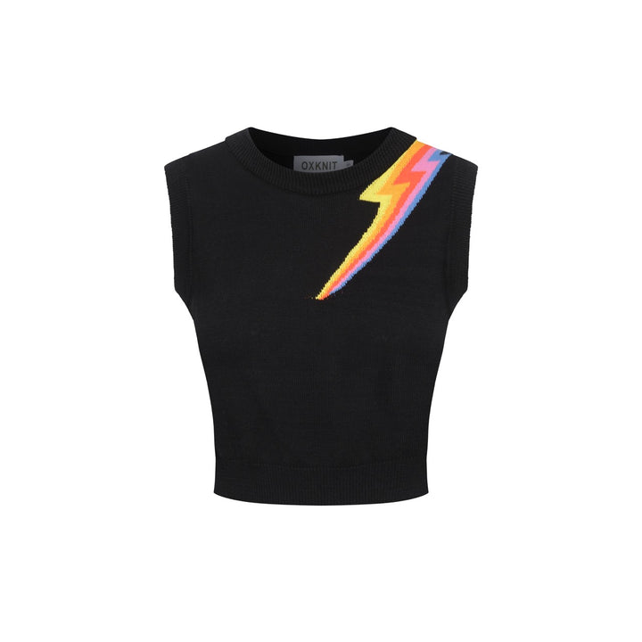 Women’s Black Knit Set with Colorful Lightning Graphic – Crop Top & Pencil Skirt