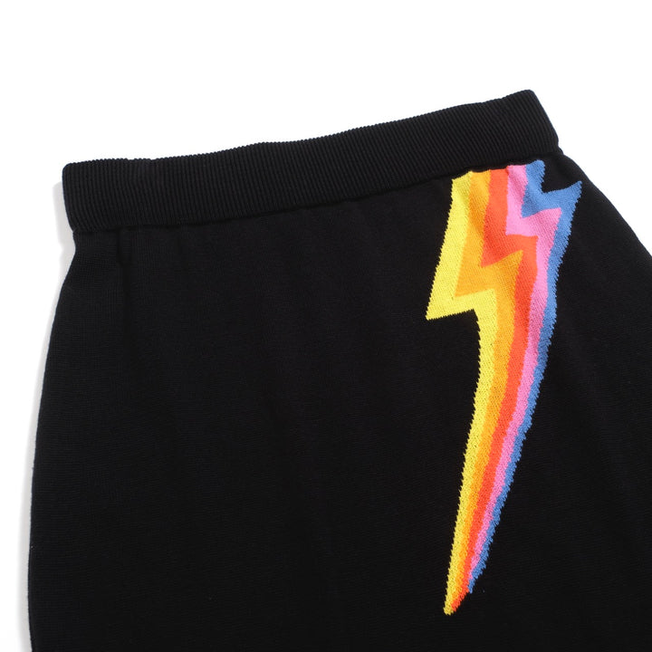 Women’s Black Knit Set with Colorful Lightning Graphic – Crop Top & Pencil Skirt