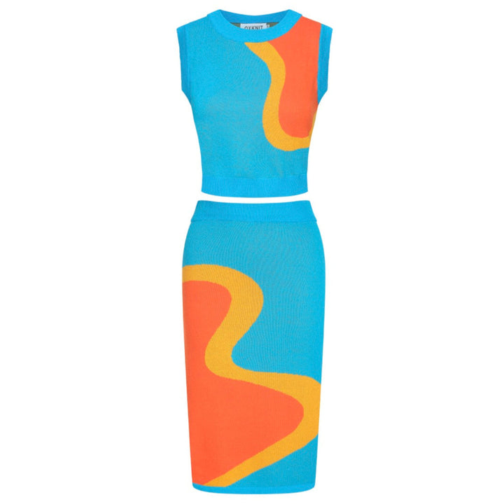 Set de punto gráfico azul y naranja de mujeres con diseño abstracto audaz