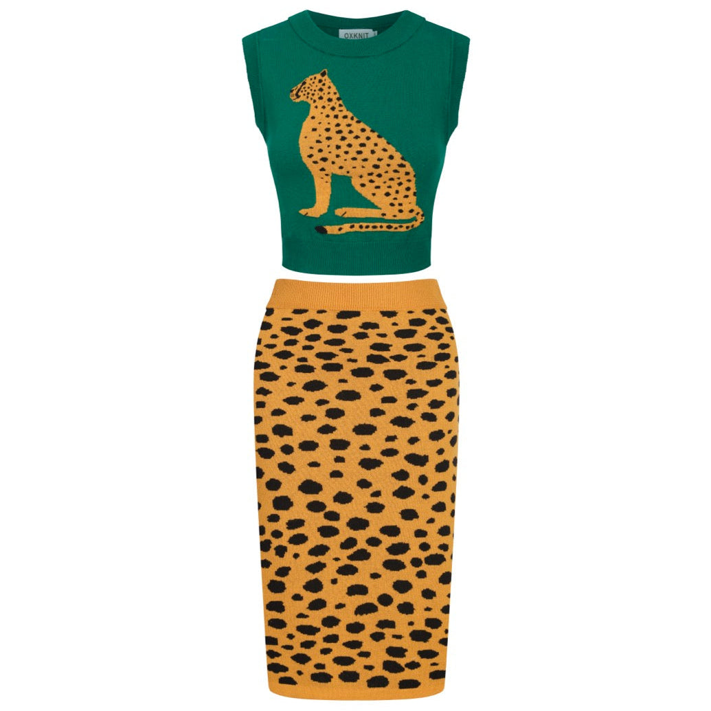 Womens Green Leopard Print Knit Set with Cheetah Graphic, Green and Yellow / S Womens Green Leopard Print Knit Set with Cheetah Graphic, Green and Yellow / S