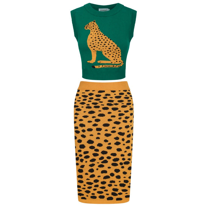 Women’s Green Leopard Print Knit Set with Cheetah Graphic