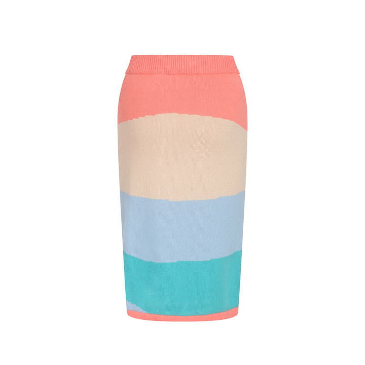 Kvinders retro-farveblokstrikkesæt med bløde pasteller i pink, blå og creme