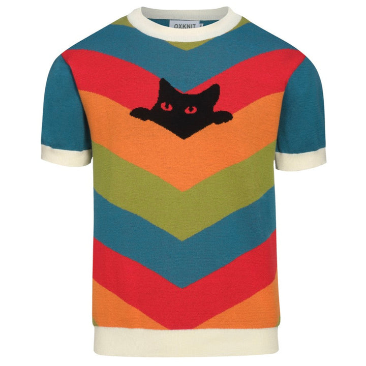 Veelkleurig gestreept kattengebreid heren-T-shirt, ontworpen door Lim Heng Swee