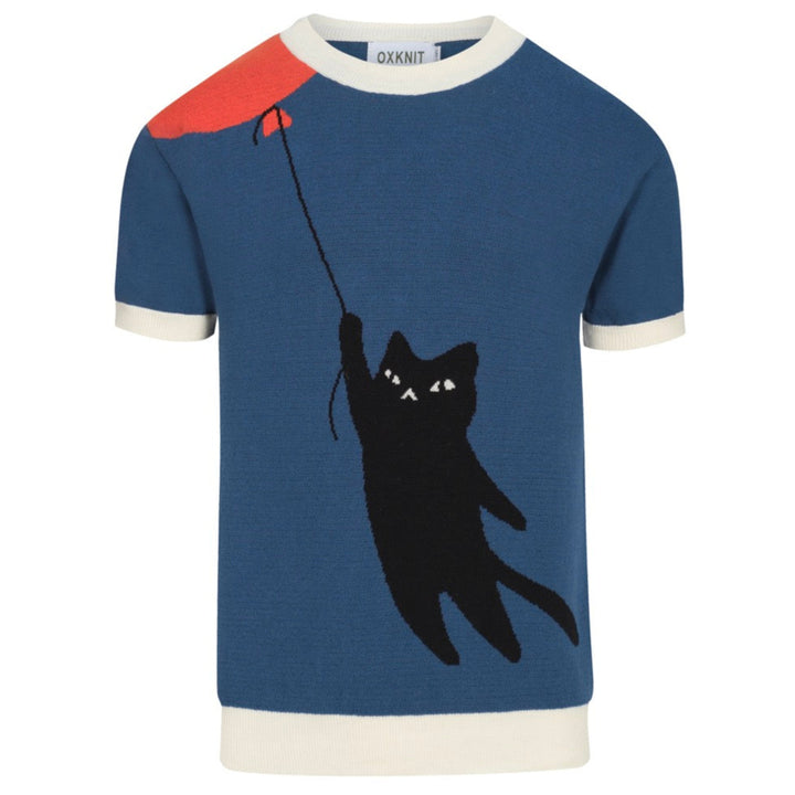 Men's blue cat knit T-shirt- Designed by Lim Heng Swee