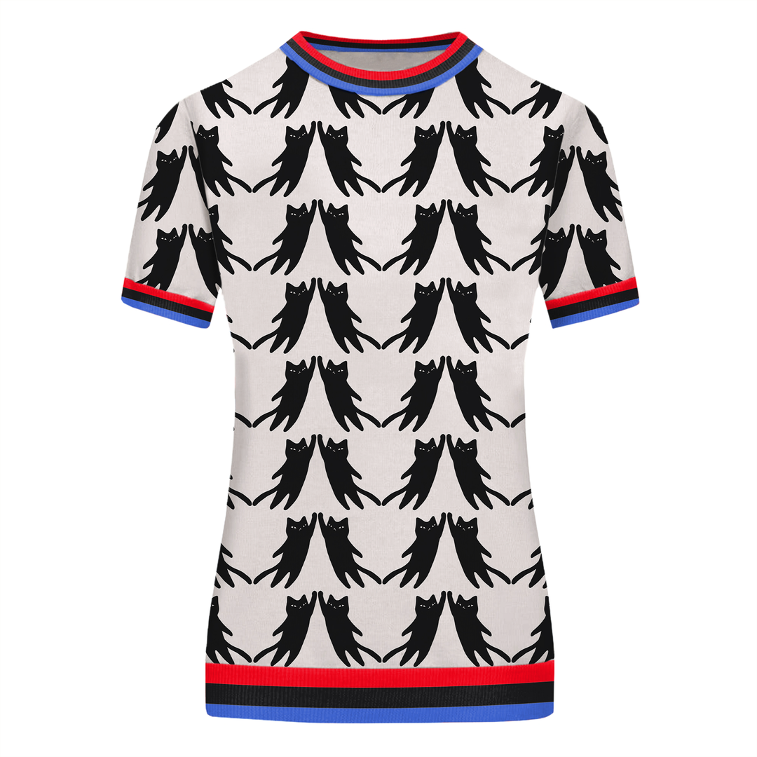 Women's white cat knitted T-shirt- Designed by Lim Heng Swee
