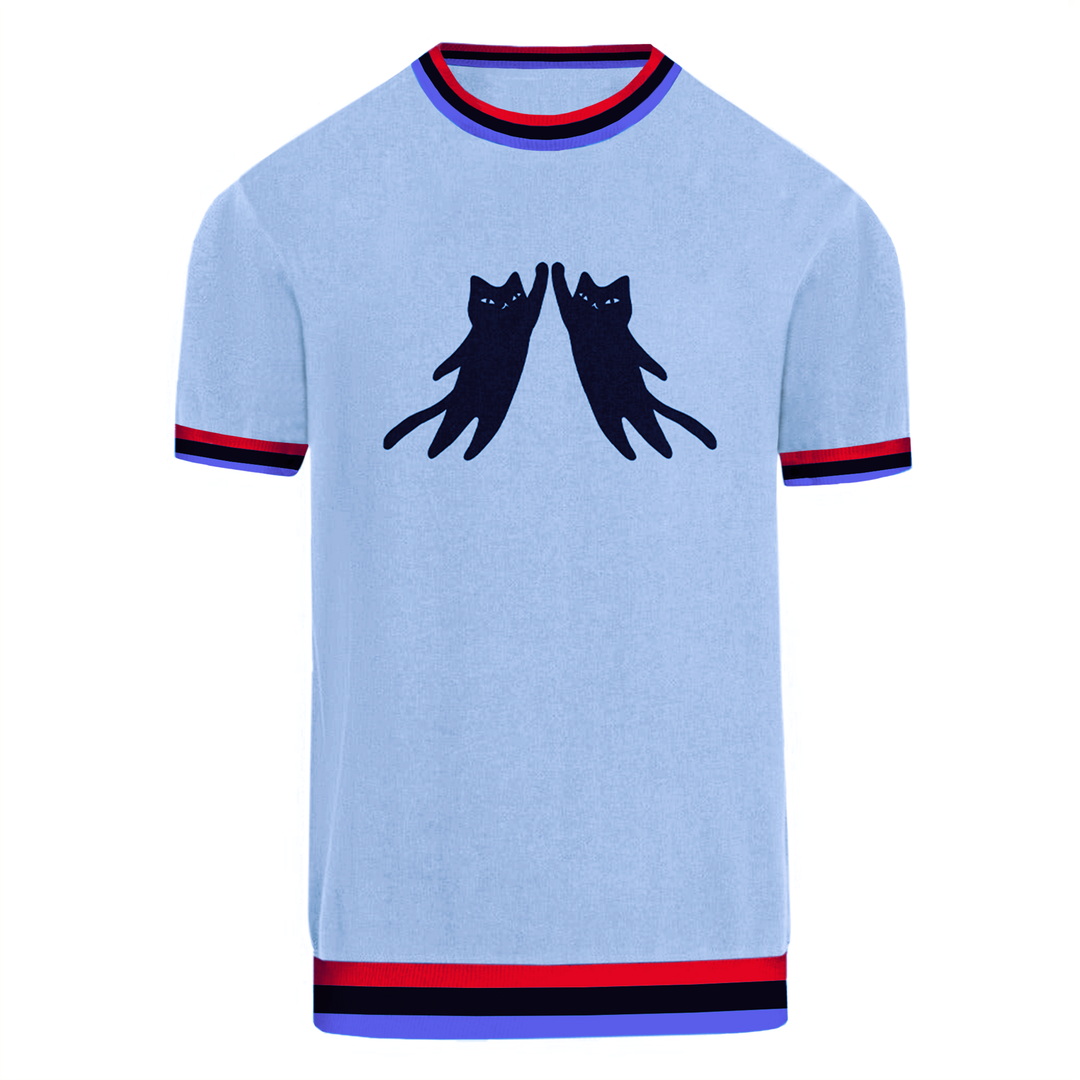 Men's blue cat retro knitted T-shirt- Designed by Lim Heng Swee