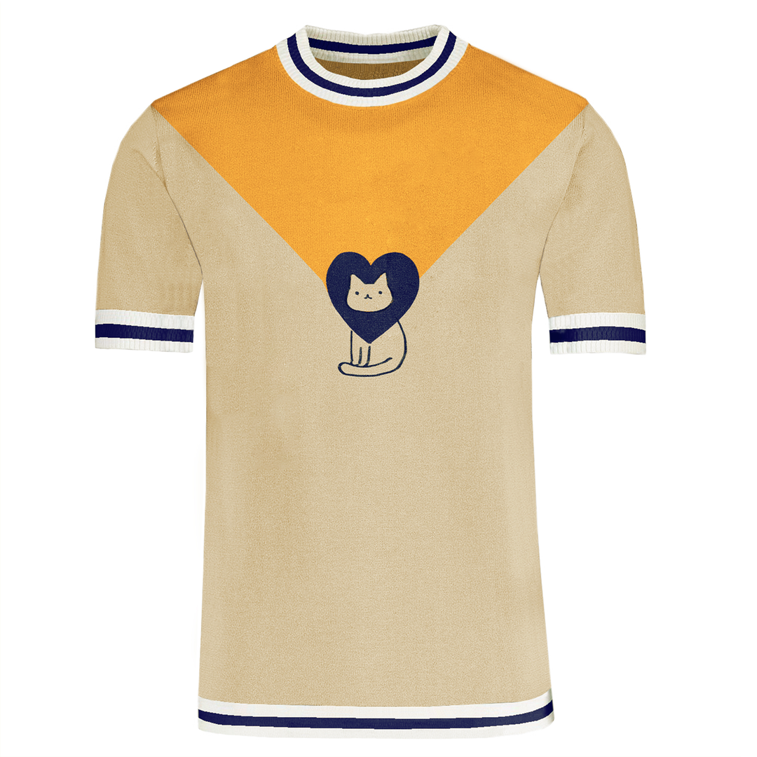 Men's apricot cat knitted T-shirt- Designed by Lim Heng Swee