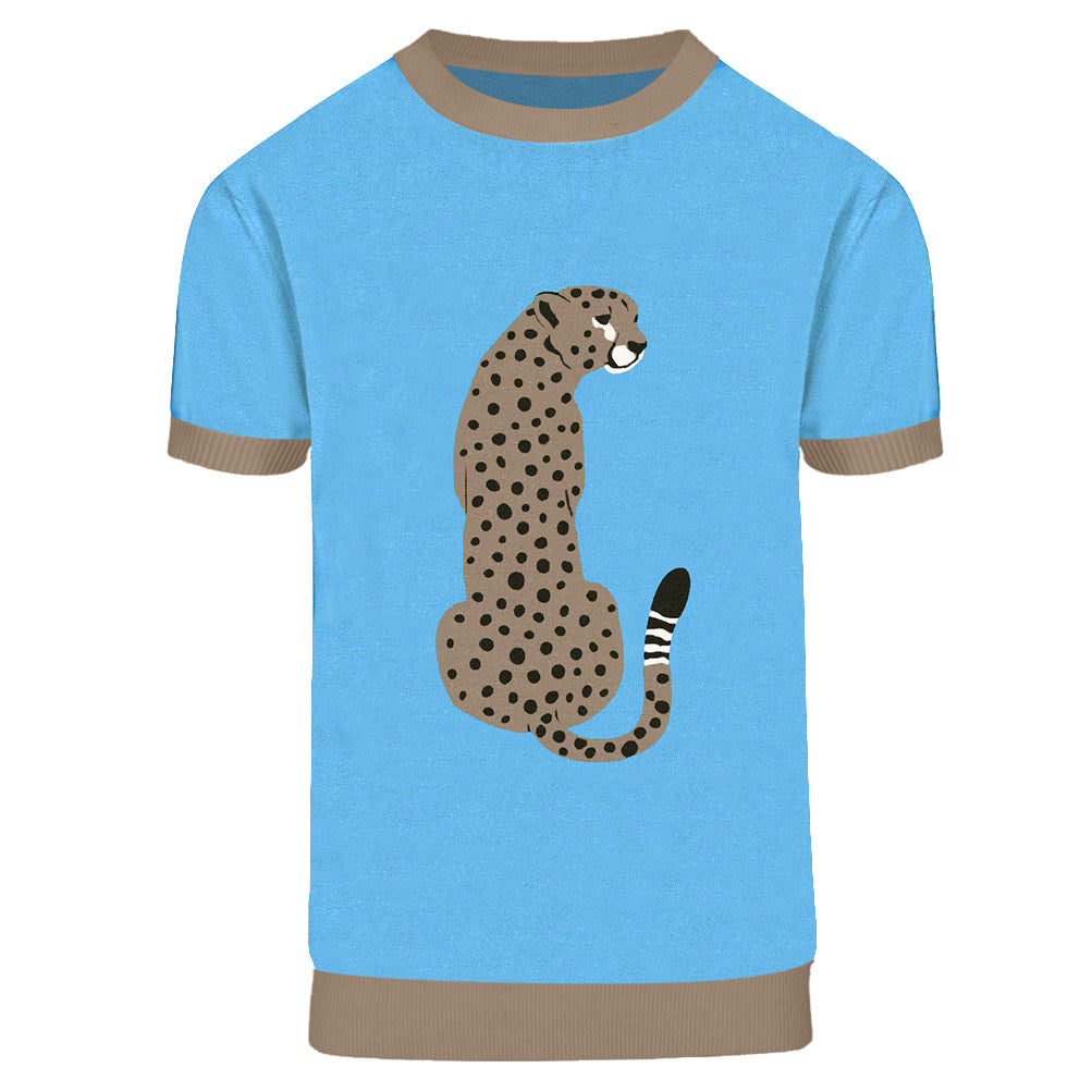 Men's blue animal pattern knitted T-shirt