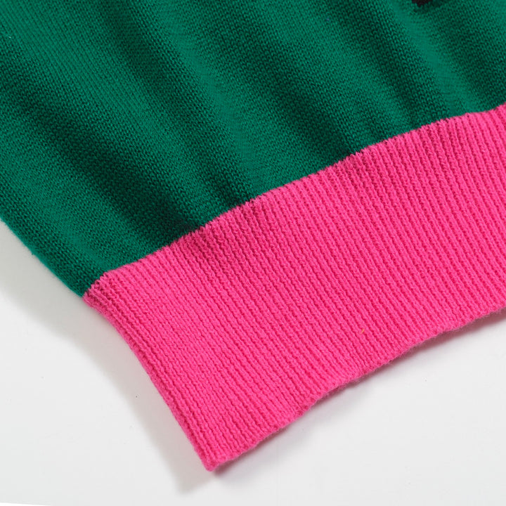 Traje de pantalones de cárdigan de punto verde y rosa para mujeres