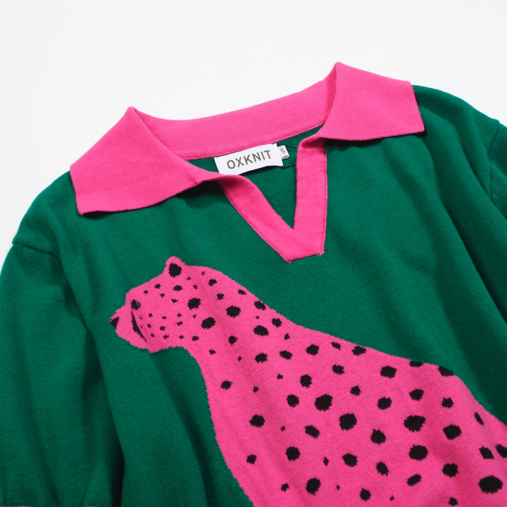 Traje de pantalones de cárdigan de punto verde y rosa para mujeres