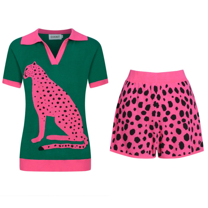 Traje de pantalones de cárdigan de punto verde y rosa para mujeres