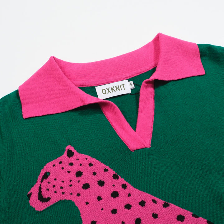 Traje de pantalones de cárdigan de punto verde y rosa para mujeres