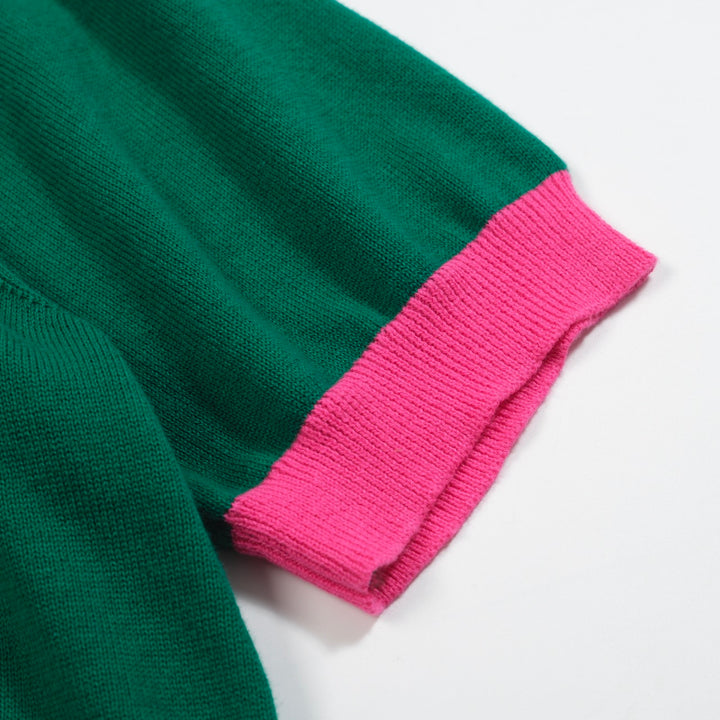 Traje de pantalones de cárdigan de punto verde y rosa para mujeres