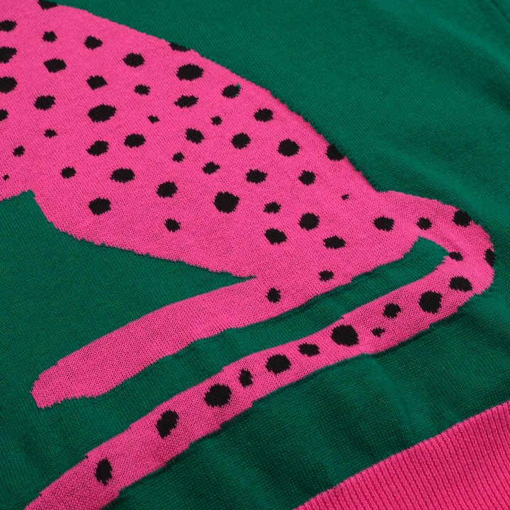 Traje de pantalones de cárdigan de punto verde y rosa para mujeres